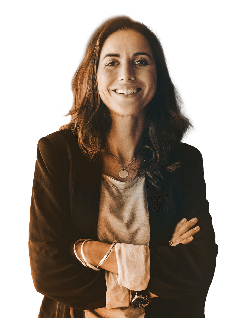 sepia tone business woman smiling with arms casually crossed