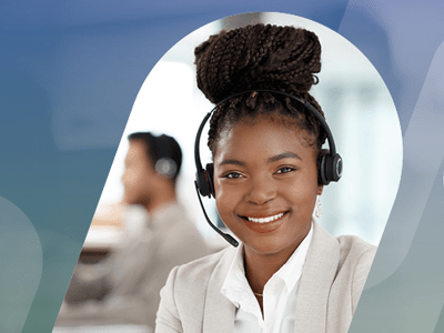 Woman in office wearing headset