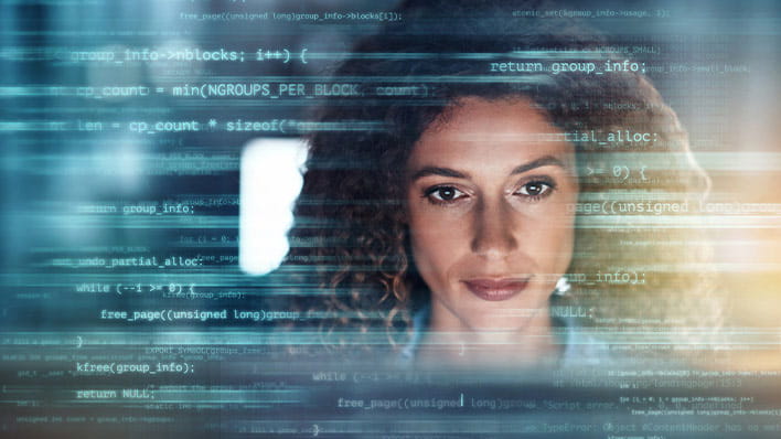 Woman with code overlay