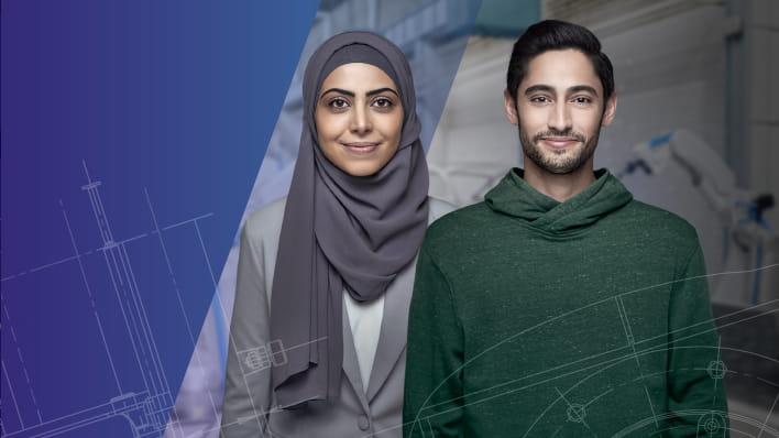 Two people with engineering themed background