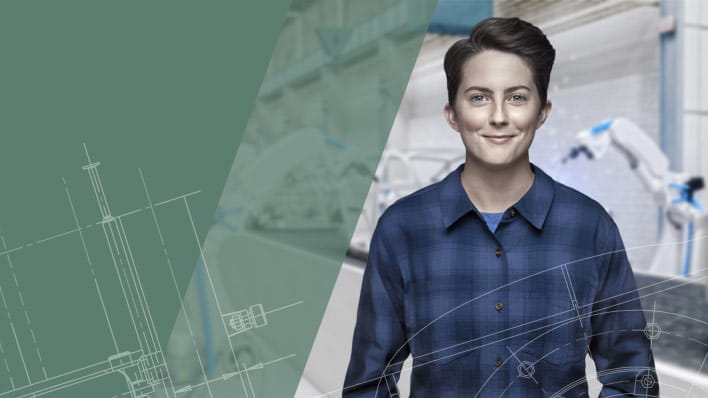 Person overlaid on robot production line.