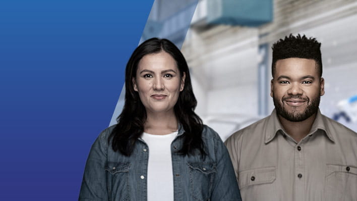 Two people with production line in background