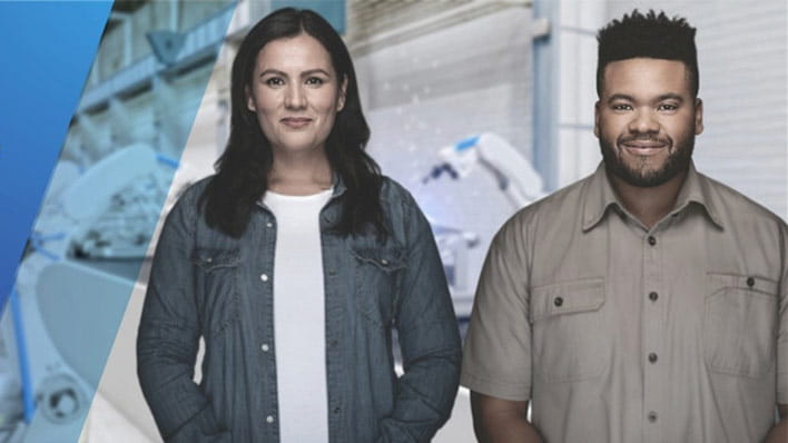 Two people with production line in background