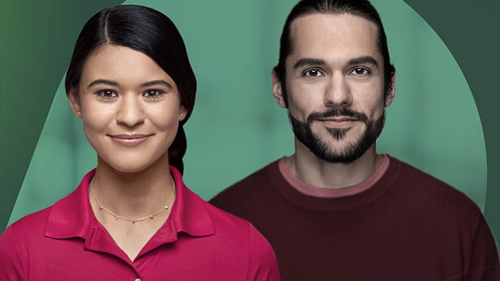 Two people on green background