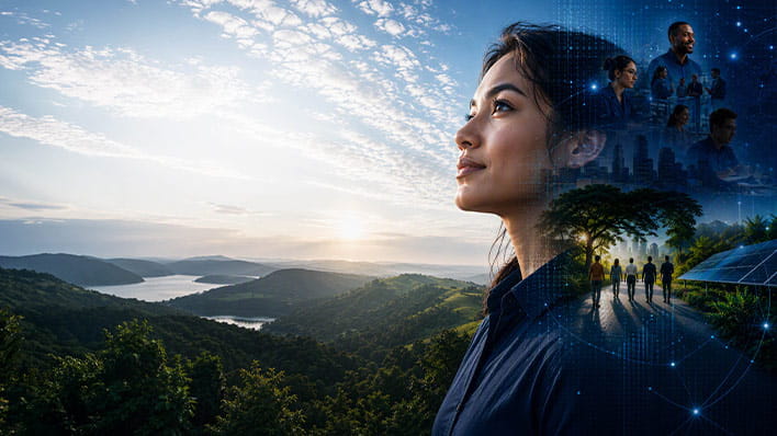 Person looking into the distance with valley in the background.