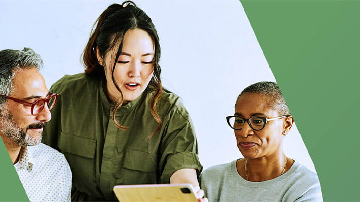 Three people in meeting